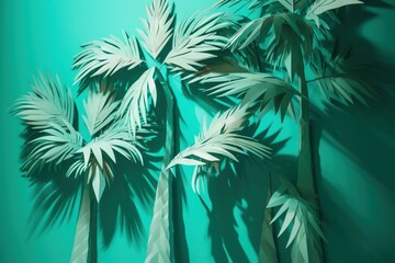  a painting of three palm trees against a green wall with shadows on the wall and a green wall behind them with a shadow cast on the wall.  generative ai