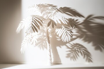 Fototapeta na wymiar a palm tree casts a shadow on a wall in a room with a white wall and a white floor with a white floor and a white wall. generative ai