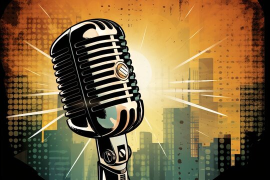  a microphone with a city skyline in the background and a sunburst in the sky above it, with a yellow and orange background.  generative ai