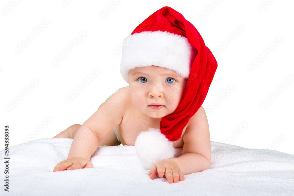 Wall mural Cute Santa Claus boy on background