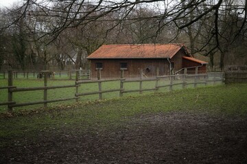 Barn and wooden fence, green pasture on a hazy day framed by low hanging branches