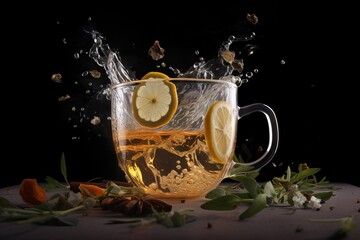  a cup of tea with lemons and spices splashing out of the tea in the cup and leaves on the side of the cup.  generative ai