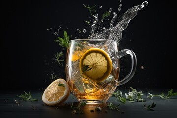  a glass mug filled with water and a lemon slice next to a half of a lemon and some leaves on a black background with water splashing.  generative ai