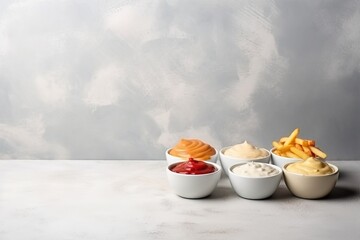 Obraz na płótnie Canvas three small bowls of different types of dips and fries on a white table with a gray background and a gray wall in the background. generative ai
