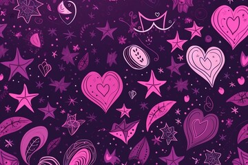 Naklejka na ściany i meble a purple and pink background with hearts, stars, and other things in the sky on a dark background with stars and shapes in the sky. generative ai