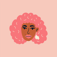 African woman with pink hair, mole and jewelry in her ears. Avatar of a girl for a social network. Portrait of african american female character isolated on background. Vector flat illustration