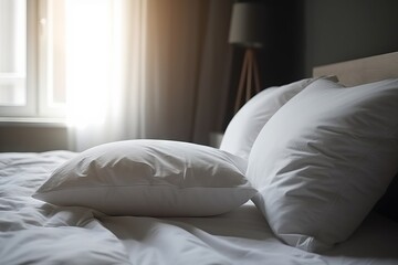  a bed with white sheets and pillows in a room with sunlight coming through the window and a lamp on the side of the bed and a window.  generative ai