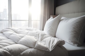 Fototapeta na wymiar a bed with a white comforter and pillows in a room with a window and a cityscape in the background with sunlight coming through the window. generative ai