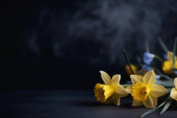  a group of yellow flowers sitting on top of a table next to a black background with smoke coming out of it and a few blue flowers in the foreground.  generative ai