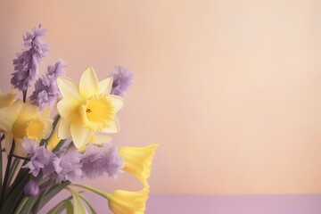  a vase filled with yellow and purple flowers on top of a purple tablecloth covered tablecloth and a pink wall in the back ground.  generative ai