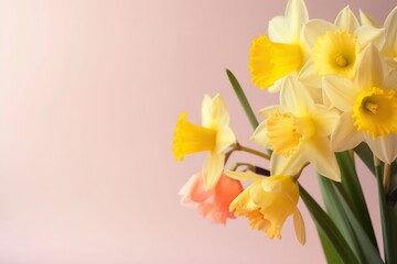  a vase filled with yellow and pink flowers on top of a pink tableclothed tableclothed with white and yellow daffodils. generative ai