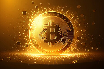 Bitcoins money Virtual currency with golden background. Golden bitcoin coin blockchain technology for crypto currency. Future digital money currency concept. Generative AI.