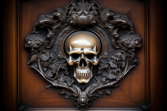 Death's Door. Generative AI.
A digital painting of a death's head on an oaken door of a Victorian mansion.