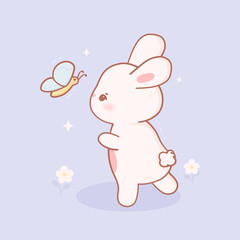 Kawaii rabbit playing with butterfly. Vector Illustration of cute animals in pastel colors and cartoon style