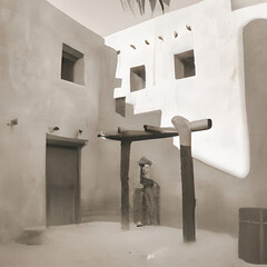 Sepia view of the inner courtyard of a traditional old Arabian adobe house in strong sunlight with shadows from wooden gutters and carved wooden doors and window lattices for ventilation.	

