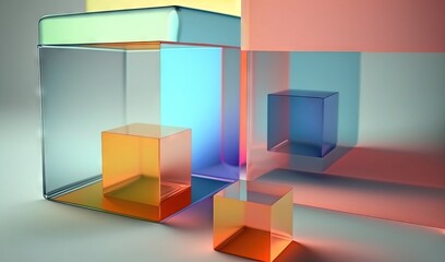  a group of glass cubes sitting on top of a white floor next to each other in a room with a light coming through them.  generative ai