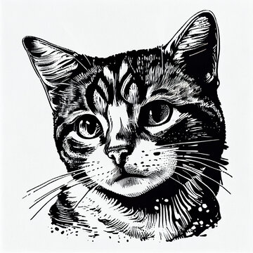 Calico Cat portrait illustration, detailed black and white art, created with Generative AI
