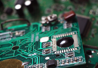Chip on Board (COB). Black blob on electronic circuit. Integrated Circuit.