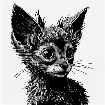 Lykoi Cat portrait illustration, detailed black and white art, created with Generative AI
