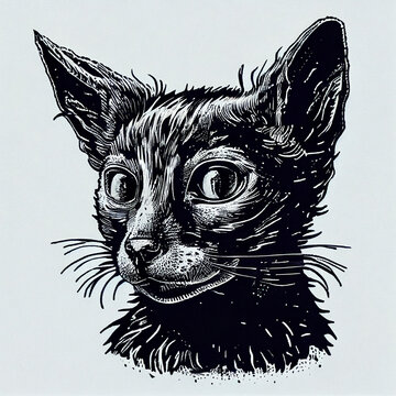 Lykoi Cat portrait illustration, detailed black and white art, created with Generative AI
