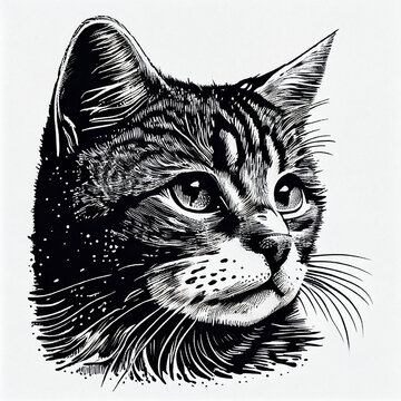 LaPerm Cat portrait illustration, detailed black and white art, created with Generative AI
