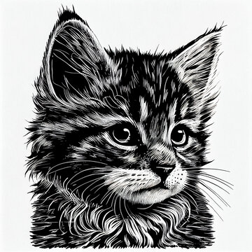 Maine Coon Cat portrait illustration, detailed black and white art, created with Generative AI
