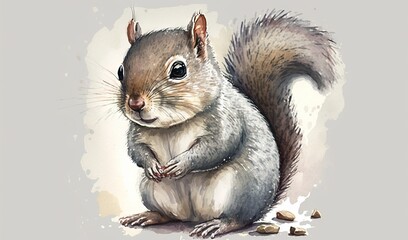  a painting of a squirrel sitting on its hind legs and looking at the camera with a sad look on its face, with nuts scattered around its paws.  generative ai