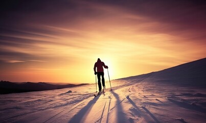 Fototapeta na wymiar a person cross country skiing across a snow covered slope at sunset or dawn with the sun setting behind them and the clouds in the sky. generative ai