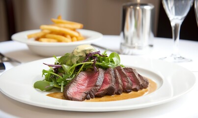  a white plate topped with a piece of meat next to a bowl of fries and a glass of wine and a glass of wine on a table.  generative ai