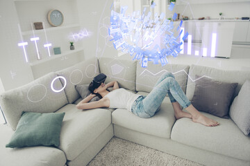 Banner template collage of futurism time people can work distance in house using vr tech box...