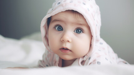 Sweet little baby closeup in knitted bonnet. Generative AI