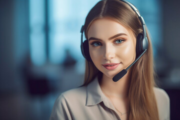 Beautiful young long haired woman working as a call-center operator, copy space. Generative AI