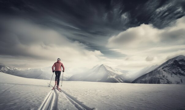  a man riding skis across a snow covered slope under a cloudy sky with mountains in the background and a sky filled with clouds above.  generative ai