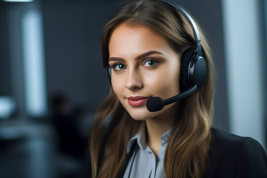 Beautiful young brunette girl working as a call-center operator, copyspace. Generative AI