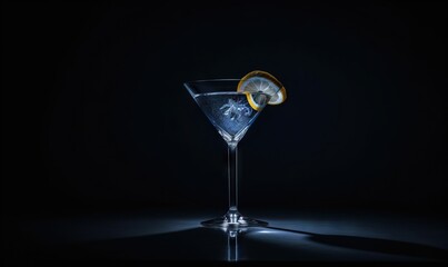  a martini glass with a lemon slice on the rim and a black background with a reflection of the glass in the glass and a black background.  generative ai
