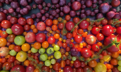  a large amount of tomatoes and other fruits and vegetables are arranged in a rainbow - colored pattern on a table top, of red, green, yellow, red, and purple, and red tomatoes.  generative ai