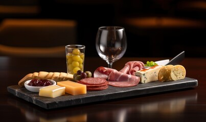Obraz na płótnie Canvas a plate of food and a glass of wine on a table with a glass of wine and a wine glass on the side of the plate. generative ai