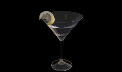  a martini glass with a lemon slice on the rim and a black background with a reflection of the glass on the bottom of the glass.  generative ai