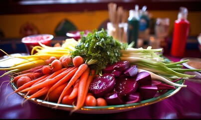  a platter of carrots, celery, onions, and other veggies on a purple tablecloth with a red table cloth.  generative ai