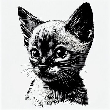 Siamese Cat portrait illustration, detailed black and white art, created with Generative AI