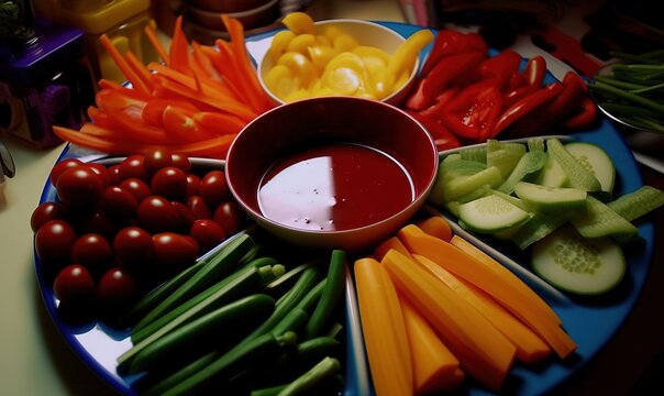  a platter of vegetables and dip on a table with a bowl of dip in the middle of the plate and a bowl of tomatoes, cucumbers, cucumbers, celer, peppers, carrots, celer,.  generative ai