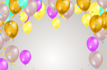 Happy birthday holiday balloons design colorful Party Flags And Ribbons Falling On Background. eps