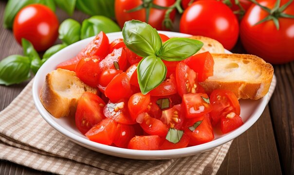  a bowl of tomatoes and bread with basil on a napkin next to a bunch of tomatoes and basil on a wooden table with green leaves.  generative ai