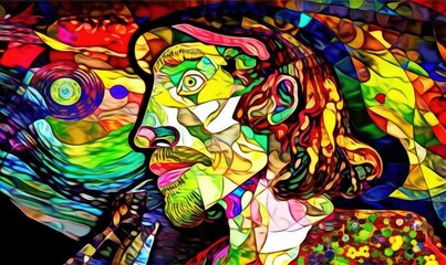Obraz na płótnie Canvas a painting of a man with a beard and a colorful background with a swirly pattern of colors and a star in the center of the image. generative ai