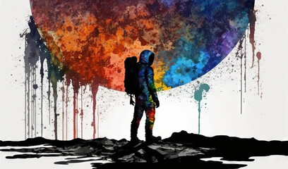  a person with a backpack standing in front of a large painting of a rainbow ball of paint on a white background with a black outline.  generative ai