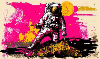  a drawing of an astronaut on a pink and yellow splottered background with a pink and yellow spot in the middle of the image.  generative ai