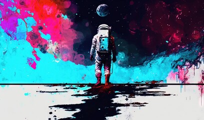  a man in a space suit standing in the middle of a field with a moon in the background and a red and blue sky in the background.  generative ai