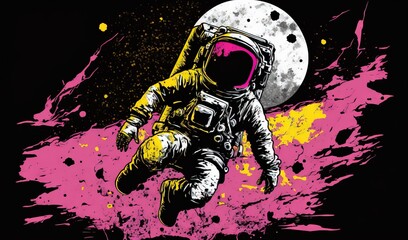  an astronaut floating in space with the moon in the background and paint splatters all over the space around him, as well as a pink and yellow splattered background.  generative ai