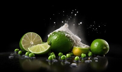 Fototapeta na wymiar limes, limes, and limeades are being splashed with white sugar on a black background with a splash of water. generative ai