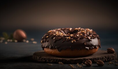  a chocolate donut with nuts on a piece of wood on a dark background with a few more donuts on the side of it.  generative ai - obrazy, fototapety, plakaty